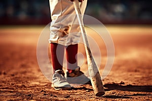Close-up baseball player's bat and legs on baseball field. Generative AI