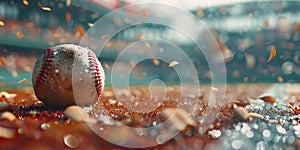 Close up of a baseball with a playfield background