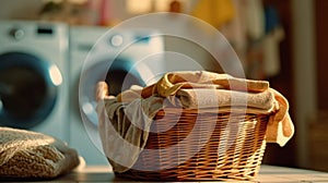 Close up of Basket with clothes in laundry room with washing machine on background