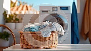 Close up of Basket with clothes in laundry room with washing machine on background