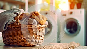 Close up of Basket with clothes in laundry room with washing machine on background