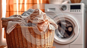 Close up of Basket with clothes in laundry room with washing machine on background