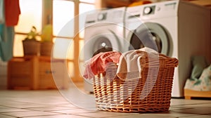 Close up of Basket with clothes in laundry room with washing machine on background