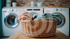 Close up of Basket with clothes in laundry room with washing machine on background