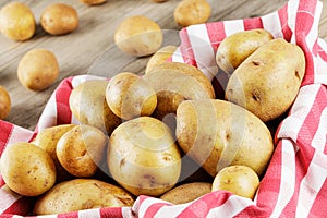 Basket filled with delicious raw Potatoes with copy space