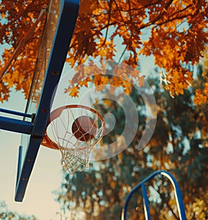 Close up of basketball in mid air near hoop dynamic shot for sports enthusiasts
