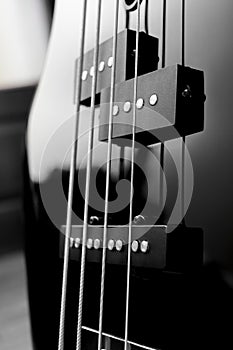 Close-up bass guitar pickups and strings. Musical instruments. Black guitar deck