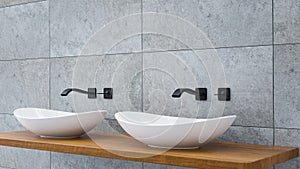 Close up of bathroom vanity basin on a wodden oak top vanity with black water faucet 3D-Illustration photo