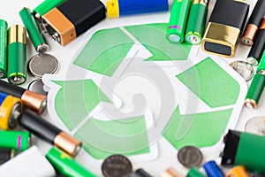 Close up of batteries and green recycling symbol