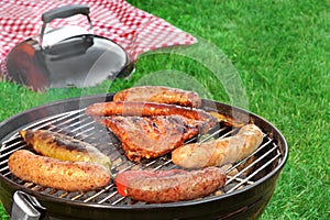 Close-Up Of BBQ Grill And Picnic Blanket In The Background