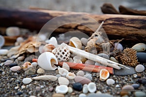 close-up of beachcombing treasures, including shells, driftwood, and sea glass