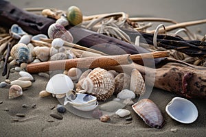 close-up of beachcombing treasures, including shells, driftwood, and sea glass