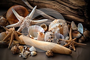 close-up of beachcombing treasures, with shells, starfish and driftwood visible