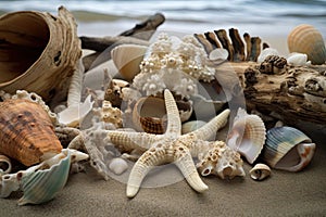 close-up of beachcombing treasures, with shells, starfish and driftwood visible