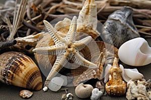 close-up of beachcombing treasures, with shells, starfish and driftwood visible