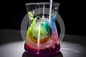 close-up of beaker with colorful chemical reaction