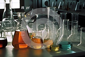 close-up of beakers and flasks on a science lab table