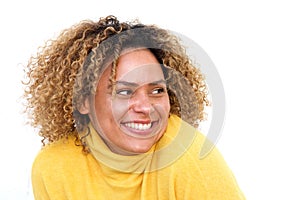 Close up beautiful african american woman smiling against isolated white background