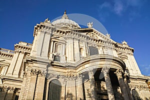 Close up beautiful architecture of St. Paul Cathedral in London with bright clear blue sky