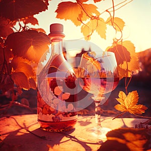 Close up of a beautiful bottle and an elegant glass on a long stem with red wine on a wooden table. Generative ai