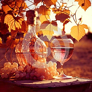 Close up of a beautiful bottle and an elegant glass on a long stem with red wine on a wooden table