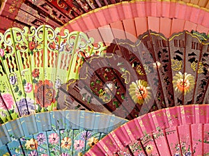 Close up of beautiful, brightly-coloured Spanish fans