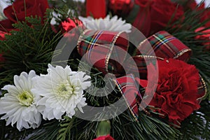 Close up of a beautiful Christmas flower arrangement.