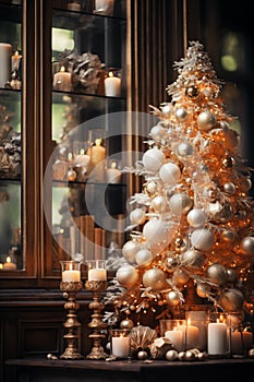 close-up, beautiful Christmas tree decorated with light toys , room, AI generate