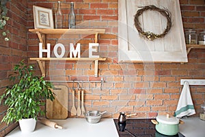 Close up of beautiful cosy modern loft kitchen interior,kitchenware, home style, photo studio design