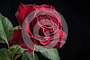 Close up of beautiful dark red rose on black