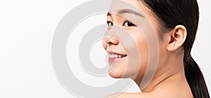Close up of the beautiful face of Asian women with clean fresh skin, Smiling with looking beauty and health.