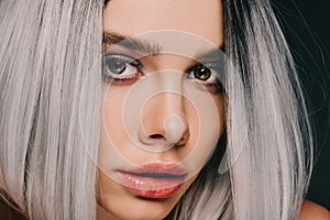 Close up of beautiful fashionable girl posing in grey wig, isolated