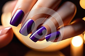 Close-up of a beautiful female hand with lilac nails on a dark blurred background of the spa salon. Conceptual hand care