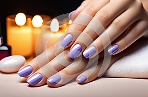 Close-up of a beautiful female hand with lilac nails on a dark blurred background of the spa salon. Conceptual hand care