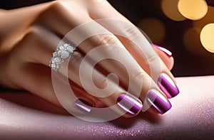 Close-up of a beautiful female hand with lilac nails on a dark blurred background of the spa salon. Conceptual hand care