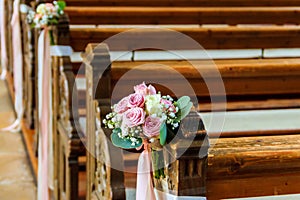 Close-up of beautiful flower wedding decoration in church