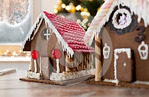 close up of beautiful gingerbread houses at home