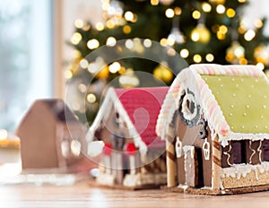 close up of beautiful gingerbread houses at home