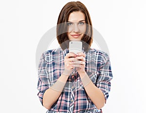 Close up - Beautiful girl with phone posing at stydio isolated on white background, girl hipster using device copy space