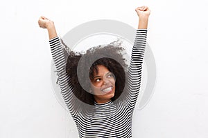 Close up beautiful happy black woman with arms outstretched