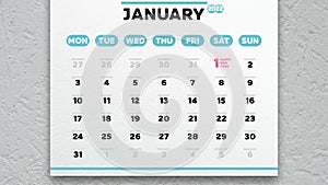 Close-up of a beautiful January page of the calendar 2022 with the marked New Yearâ€™s date 