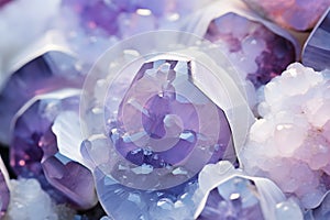 Close up of beautiful light purpl crystal geodes inside white rock