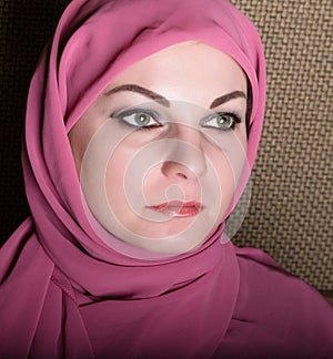 Close-up beautiful mysterious eyes eastern woman wearing a hijab