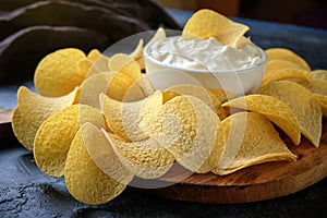 Close-up of beautiful potato chips and sauce in a white bowl on a wooden cutting board