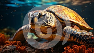 Close up of a beautiful sea turtle swimming underwater generated by AI