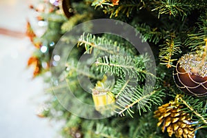 Close up of beautiful shiny bauble, golden gift box and little pine hanging on the Christmas tree. Can be used for background