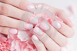 Close-up beautiful sophisticated woman hands with pink flowers on white background. Concept manicure hand care spa, top