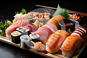 Close-up of a beautiful sushi platter with various types of rolls, nigiri, and sashimi, demonstrating the diversity