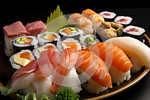 Close-up of a beautiful sushi platter with various types of rolls, nigiri, and sashimi, demonstrating the diversity