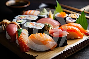 Close-up of a beautiful sushi platter with various types of rolls, nigiri, and sashimi, demonstrating the diversity